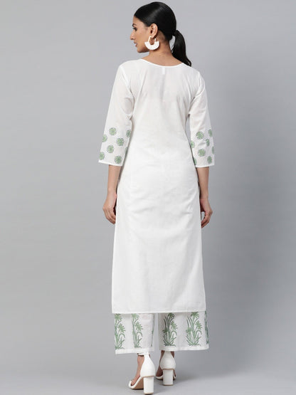Women White Three-Quarter Sleeves Straight Kurta With Palazzo | LASVINI - Redefining Indian Fashion with Elegance