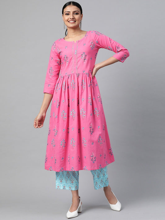 Women Pink Three-Quarter Sleeves Flared Kurta With Palazzo | LASVINI - Redefining Indian Fashion with Elegance