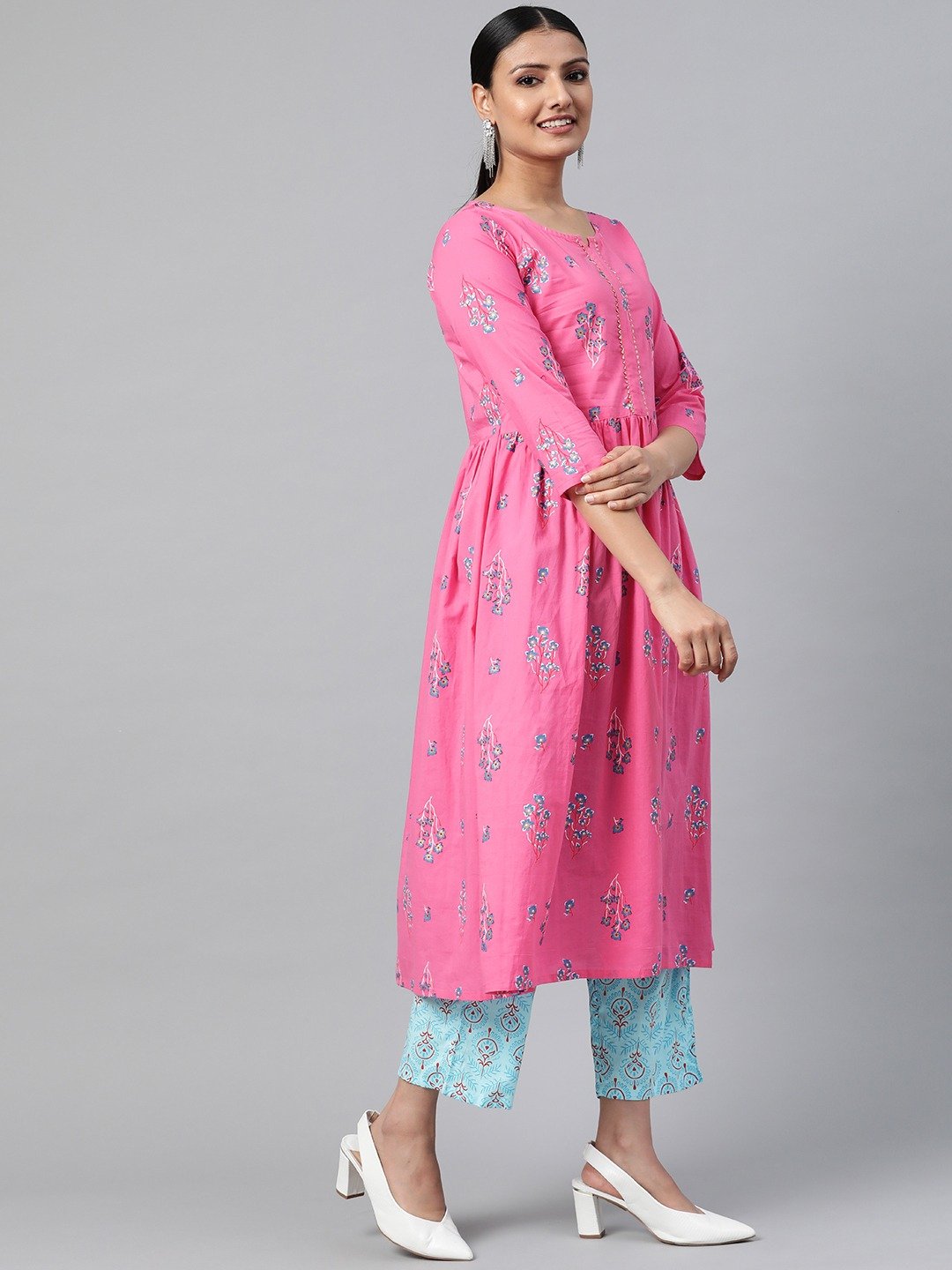 Women Pink Three-Quarter Sleeves Flared Kurta With Palazzo | LASVINI - Redefining Indian Fashion with Elegance