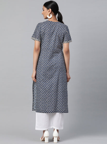 Women Black Calf Length Short Sleeves Straight Floral Printed Cotton Kurta | LASVINI - Redefining Indian Fashion with Elegance