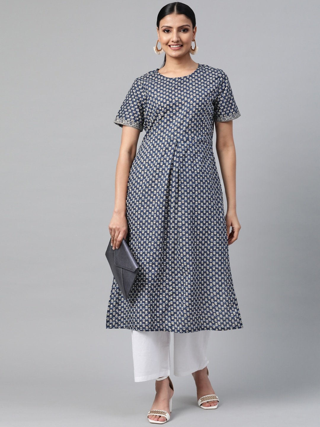 Women Black Calf Length Short Sleeves Straight Floral Printed Cotton Kurta | LASVINI - Redefining Indian Fashion with Elegance