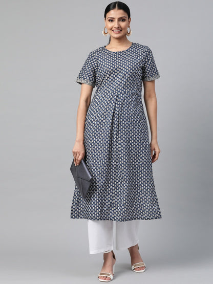 Women Black Calf Length Short Sleeves Straight Floral Printed Cotton Kurta | LASVINI - Redefining Indian Fashion with Elegance