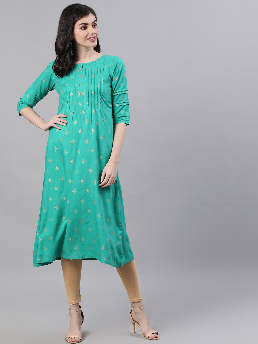Women Green Calf Length Three-Quarter Sleeves A-Line Ethnic Motifs Printed Viscose Rayon Kurta | LASVINI - Redefining Indian Fashion with Elegance