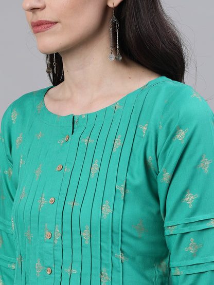 Women Green Calf Length Three-Quarter Sleeves A-Line Ethnic Motifs Printed Viscose Rayon Kurta | LASVINI - Redefining Indian Fashion with Elegance
