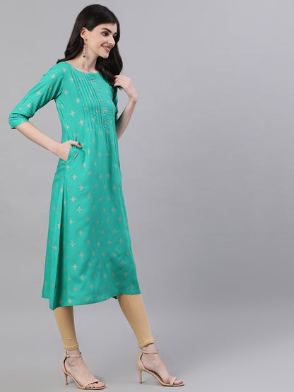 Women Green Calf Length Three-Quarter Sleeves A-Line Ethnic Motifs Printed Viscose Rayon Kurta | LASVINI - Redefining Indian Fashion with Elegance
