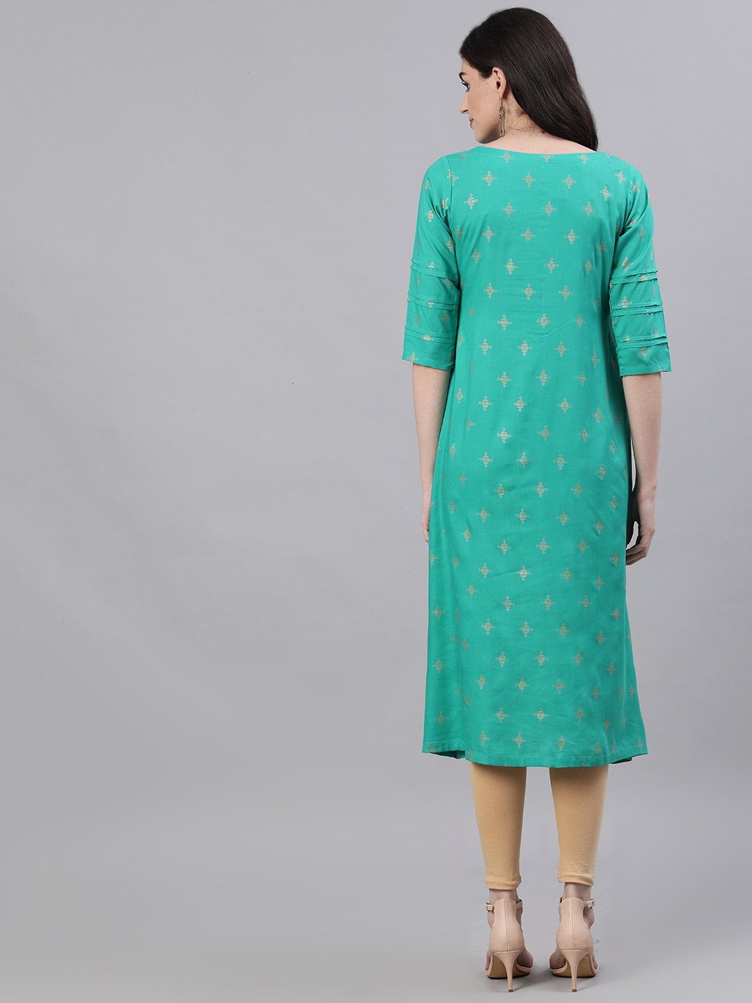 Women Green Calf Length Three-Quarter Sleeves A-Line Ethnic Motifs Printed Viscose Rayon Kurta | LASVINI - Redefining Indian Fashion with Elegance
