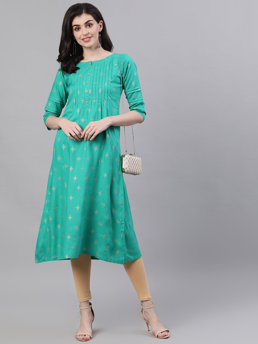 Women Green Calf Length Three-Quarter Sleeves A-Line Ethnic Motifs Printed Viscose Rayon Kurta | LASVINI - Redefining Indian Fashion with Elegance