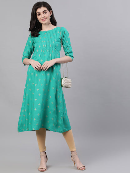 Women Green Calf Length Three-Quarter Sleeves A-Line Ethnic Motifs Printed Viscose Rayon Kurta | LASVINI - Redefining Indian Fashion with Elegance