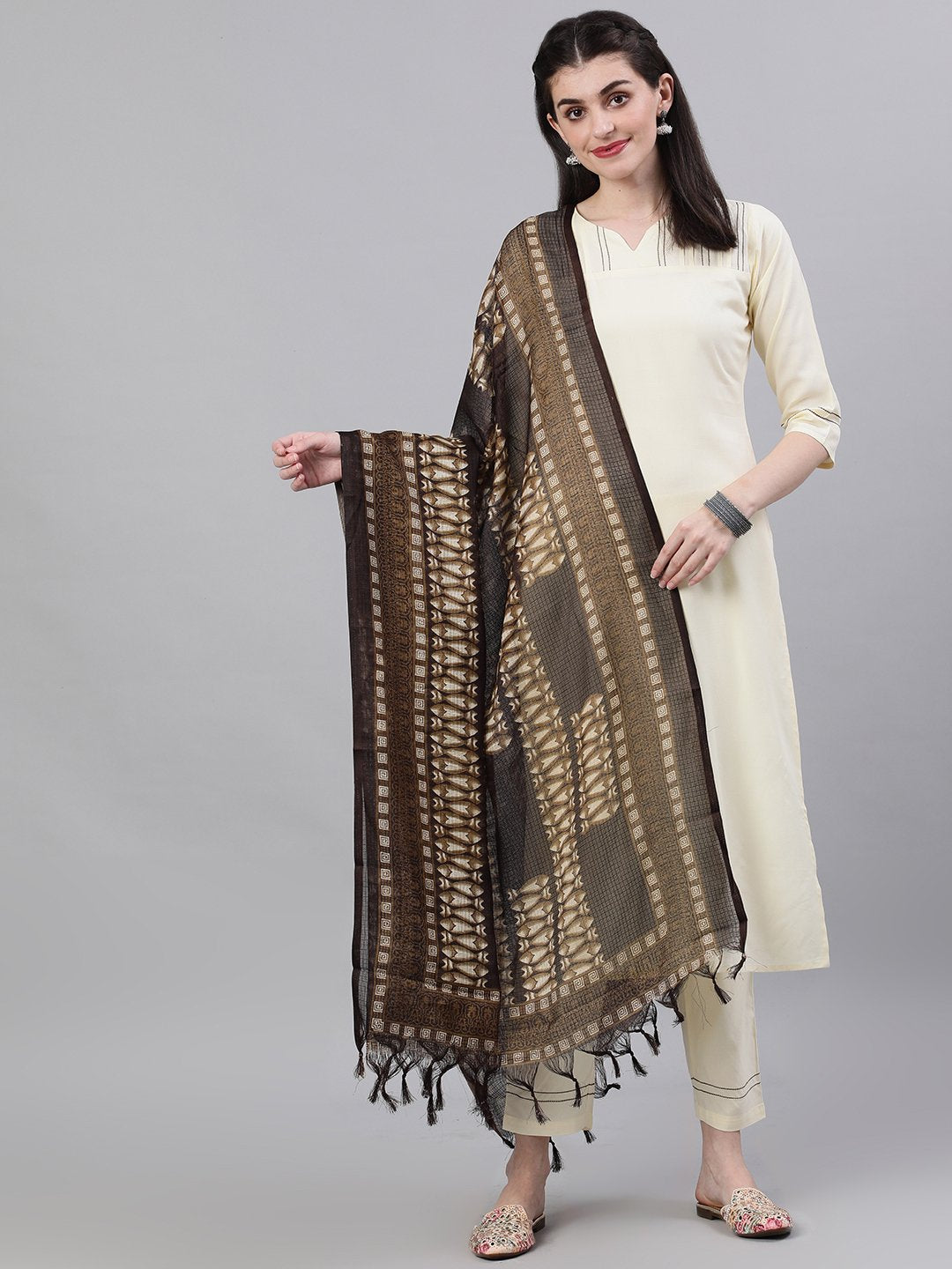 Women Cream Three-Quarter Sleeves Straight Kurta Palazzo With Dupatta | LASVINI - Redefining Indian Fashion with Elegance