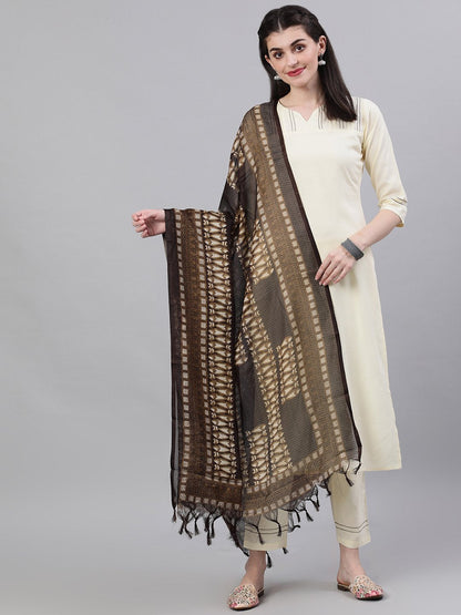 Women Cream Three-Quarter Sleeves Straight Kurta Palazzo With Dupatta | LASVINI - Redefining Indian Fashion with Elegance