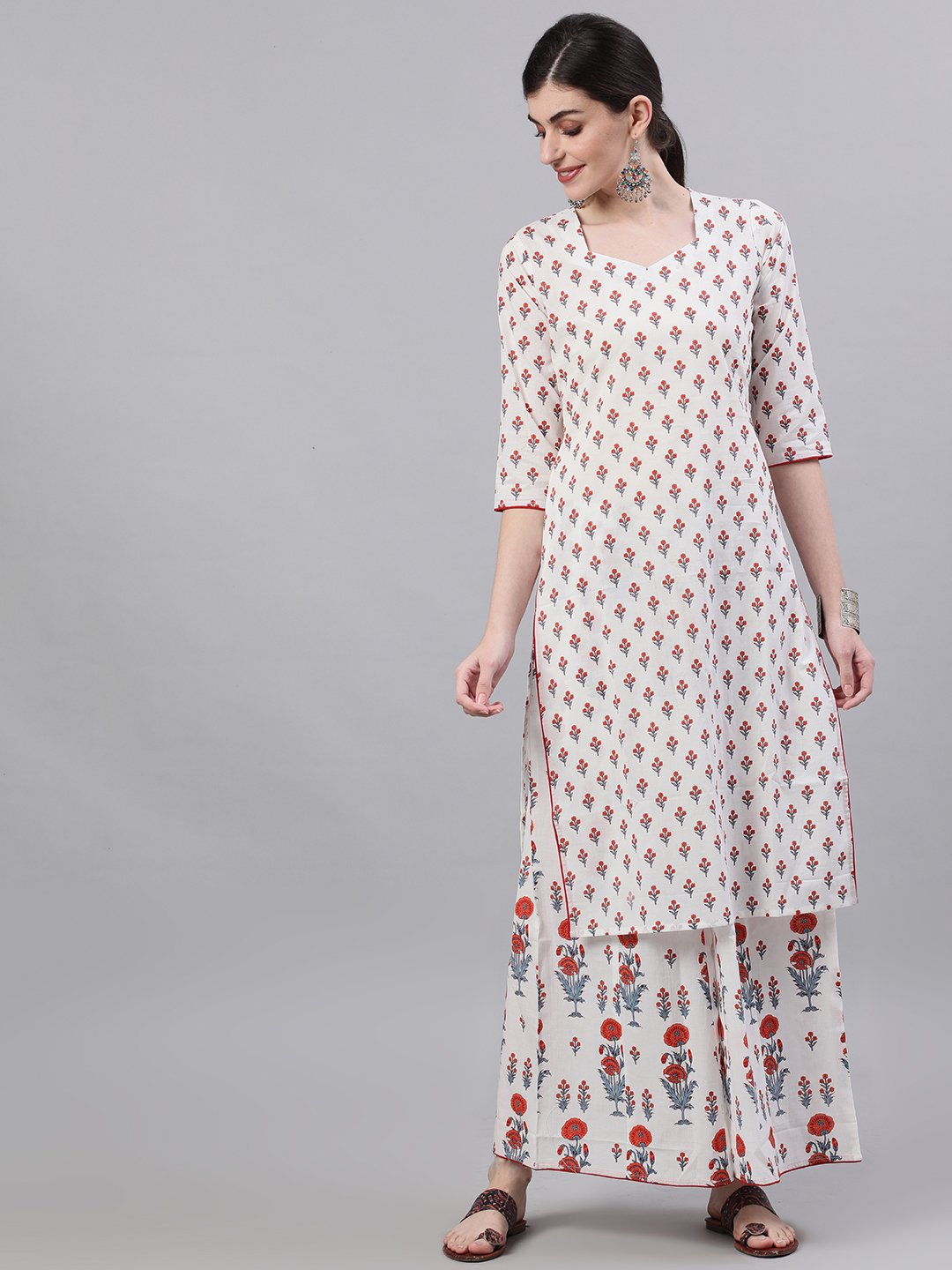 Women White Three-Quarter Sleeves Straight Kurta And Wide Leg Palazzo Set | LASVINI - Redefining Indian Fashion with Elegance