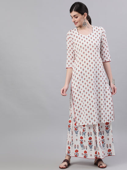 Women White Three-Quarter Sleeves Straight Kurta And Wide Leg Palazzo Set | LASVINI - Redefining Indian Fashion with Elegance