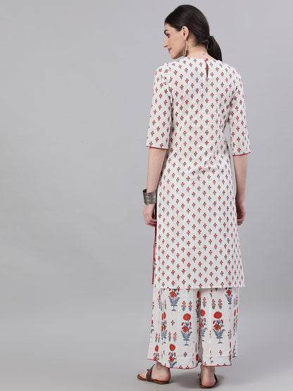 Women White Three-Quarter Sleeves Straight Kurta And Wide Leg Palazzo Set | LASVINI - Redefining Indian Fashion with Elegance