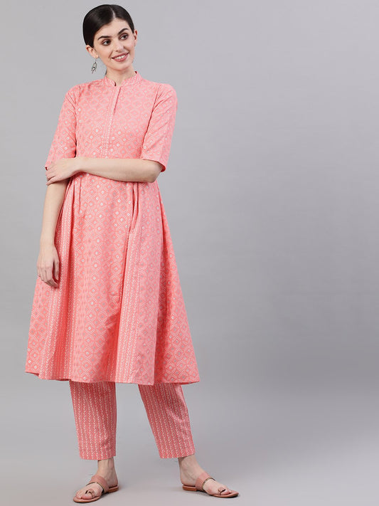 Women Light Pastel Pink Three-Quarter Sleeves Flared Kurta With Palazzo | LASVINI - Redefining Indian Fashion with Elegance