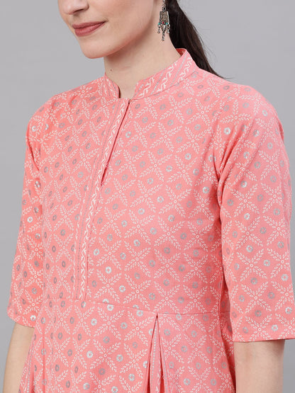 Women Light Pastel Pink Three-Quarter Sleeves Flared Kurta With Palazzo | LASVINI - Redefining Indian Fashion with Elegance