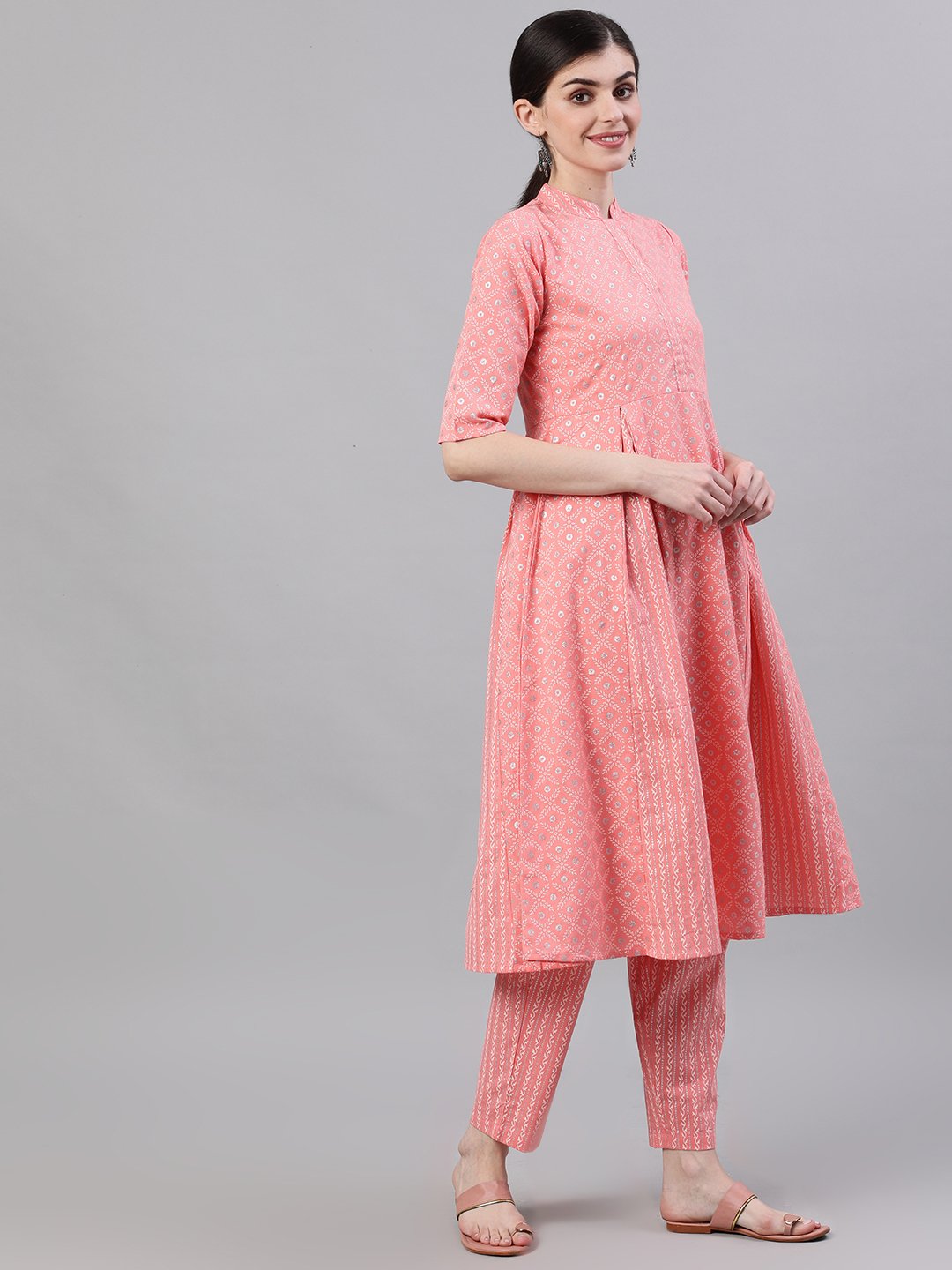 Women Light Pastel Pink Three-Quarter Sleeves Flared Kurta With Palazzo | LASVINI - Redefining Indian Fashion with Elegance