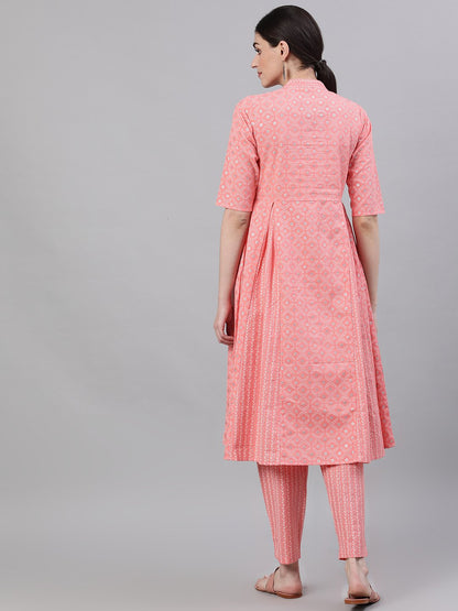 Women Light Pastel Pink Three-Quarter Sleeves Flared Kurta With Palazzo | LASVINI - Redefining Indian Fashion with Elegance