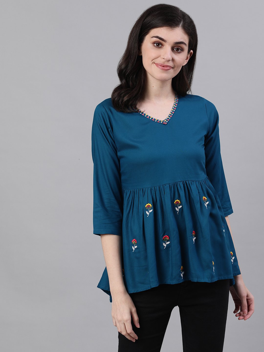 Women Teal Blue Three-Quarter Sleeves Gathered Or Pleated Top | LASVINI - Redefining Indian Fashion with Elegance