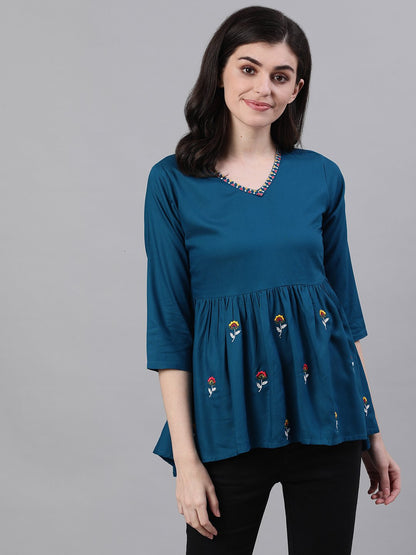 Women Teal Blue Three-Quarter Sleeves Gathered Or Pleated Top | LASVINI - Redefining Indian Fashion with Elegance