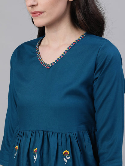 Women Teal Blue Three-Quarter Sleeves Gathered Or Pleated Top | LASVINI - Redefining Indian Fashion with Elegance