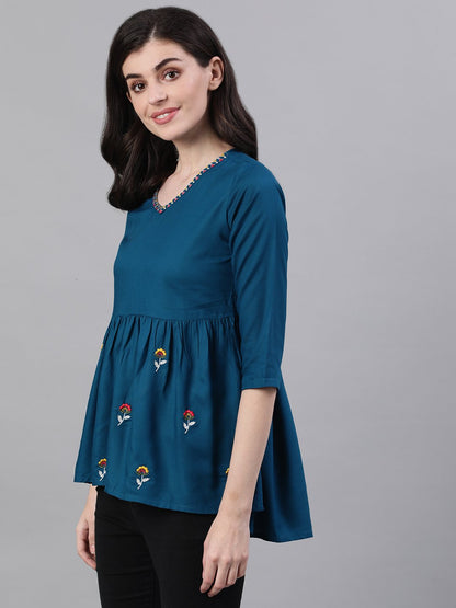 Women Teal Blue Three-Quarter Sleeves Gathered Or Pleated Top | LASVINI - Redefining Indian Fashion with Elegance