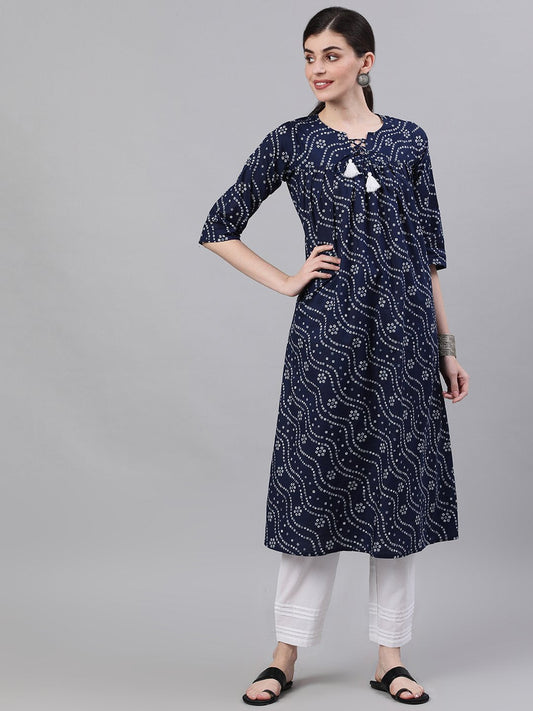 Women Navy Blue Three-Quarter Sleeves Flared Kurta With Palazzo | LASVINI - Redefining Indian Fashion with Elegance