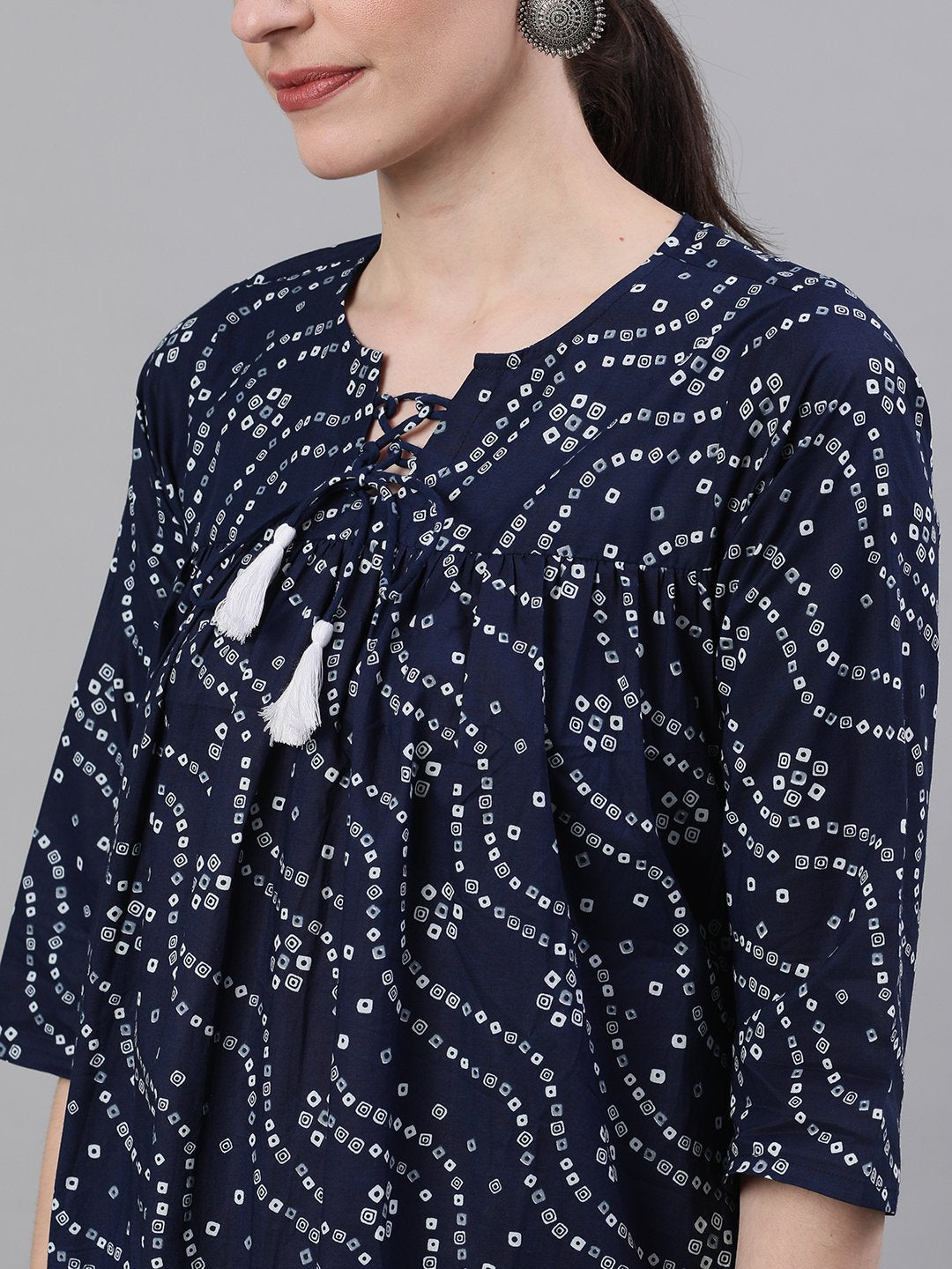Women Navy Blue Three-Quarter Sleeves Flared Kurta With Palazzo | LASVINI - Redefining Indian Fashion with Elegance