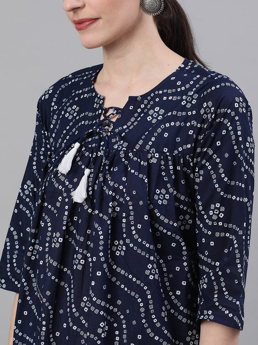 Women Navy Blue Three-Quarter Sleeves Flared Kurta With Palazzo | LASVINI - Redefining Indian Fashion with Elegance