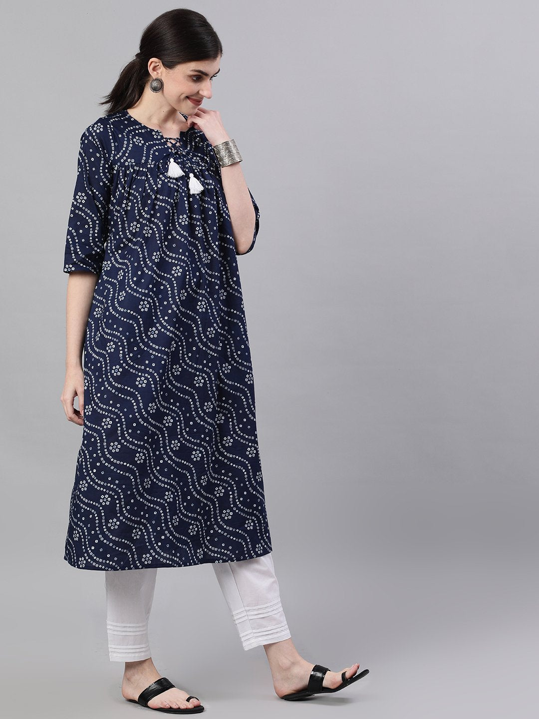 Women Navy Blue Three-Quarter Sleeves Flared Kurta With Palazzo | LASVINI - Redefining Indian Fashion with Elegance