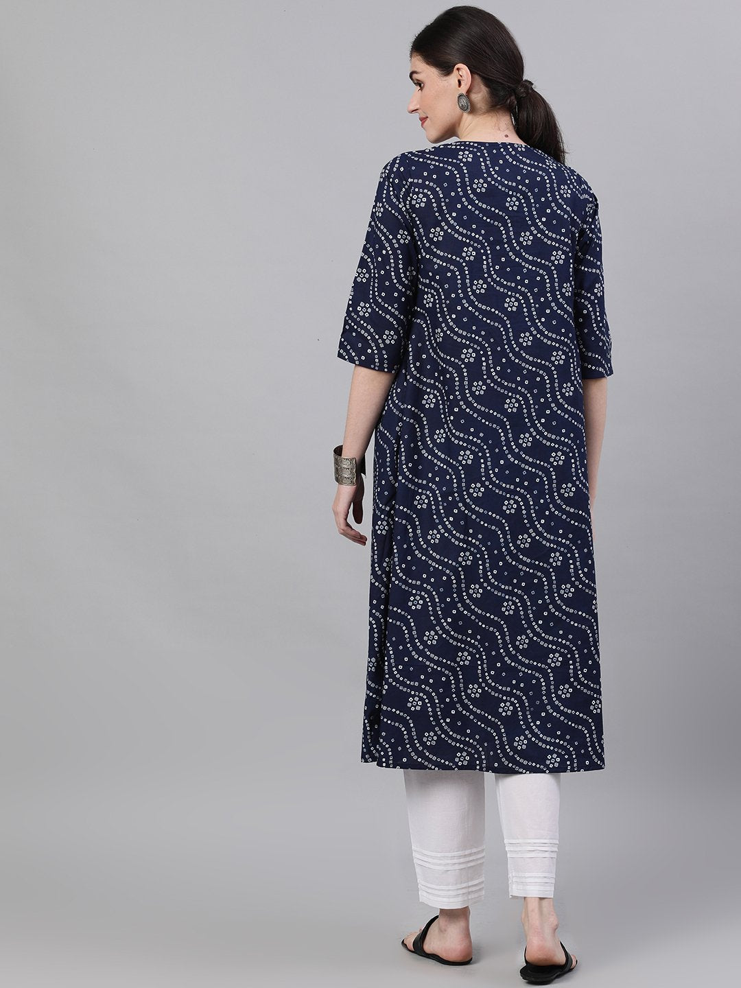 Women Navy Blue Three-Quarter Sleeves Flared Kurta With Palazzo | LASVINI - Redefining Indian Fashion with Elegance