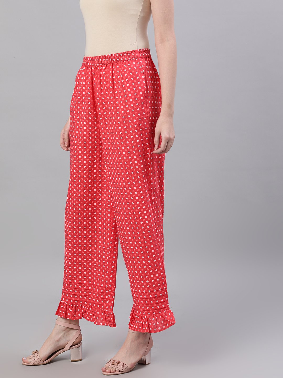 Women Dusky Pink Polkadot Print Trouser | LASVINI - Redefining Indian Fashion with Elegance