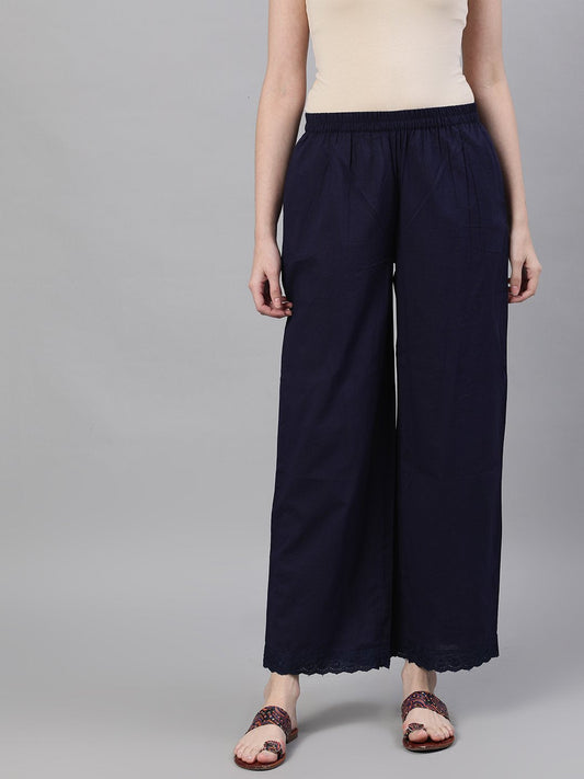 Women Navy Blue Trouser With Lace Detailing | LASVINI - Redefining Indian Fashion with Elegance