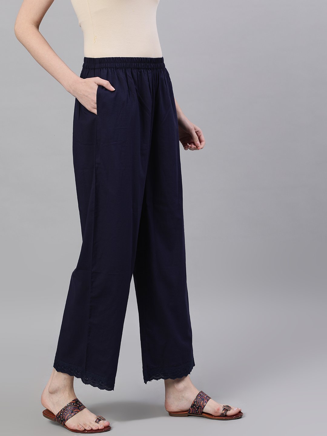 Women Navy Blue Trouser With Lace Detailing | LASVINI - Redefining Indian Fashion with Elegance