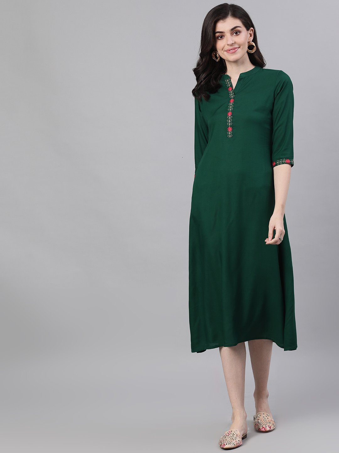 Women Green Solid Solid Mandarin Collar Viscose Rayon A-Line Dress | LASVINI - Redefining Indian Fashion with Elegance