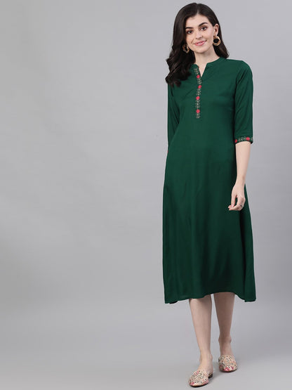 Women Green Solid Solid Mandarin Collar Viscose Rayon A-Line Dress | LASVINI - Redefining Indian Fashion with Elegance