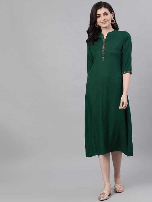 Women Green Solid Solid Mandarin Collar Viscose Rayon A-Line Dress | LASVINI - Redefining Indian Fashion with Elegance
