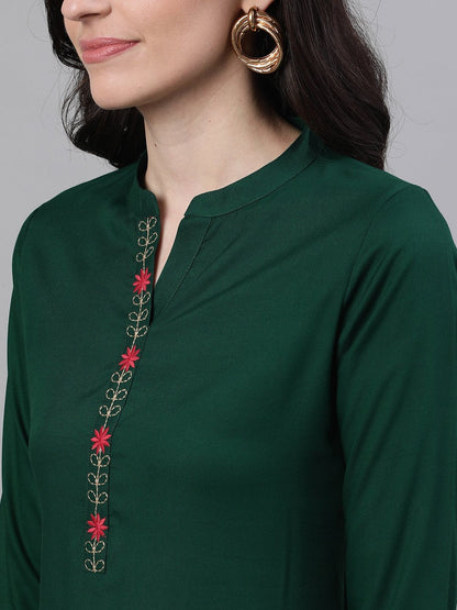 Women Green Solid Solid Mandarin Collar Viscose Rayon A-Line Dress | LASVINI - Redefining Indian Fashion with Elegance