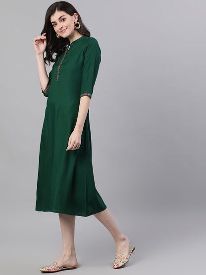 Women Green Solid Solid Mandarin Collar Viscose Rayon A-Line Dress | LASVINI - Redefining Indian Fashion with Elegance