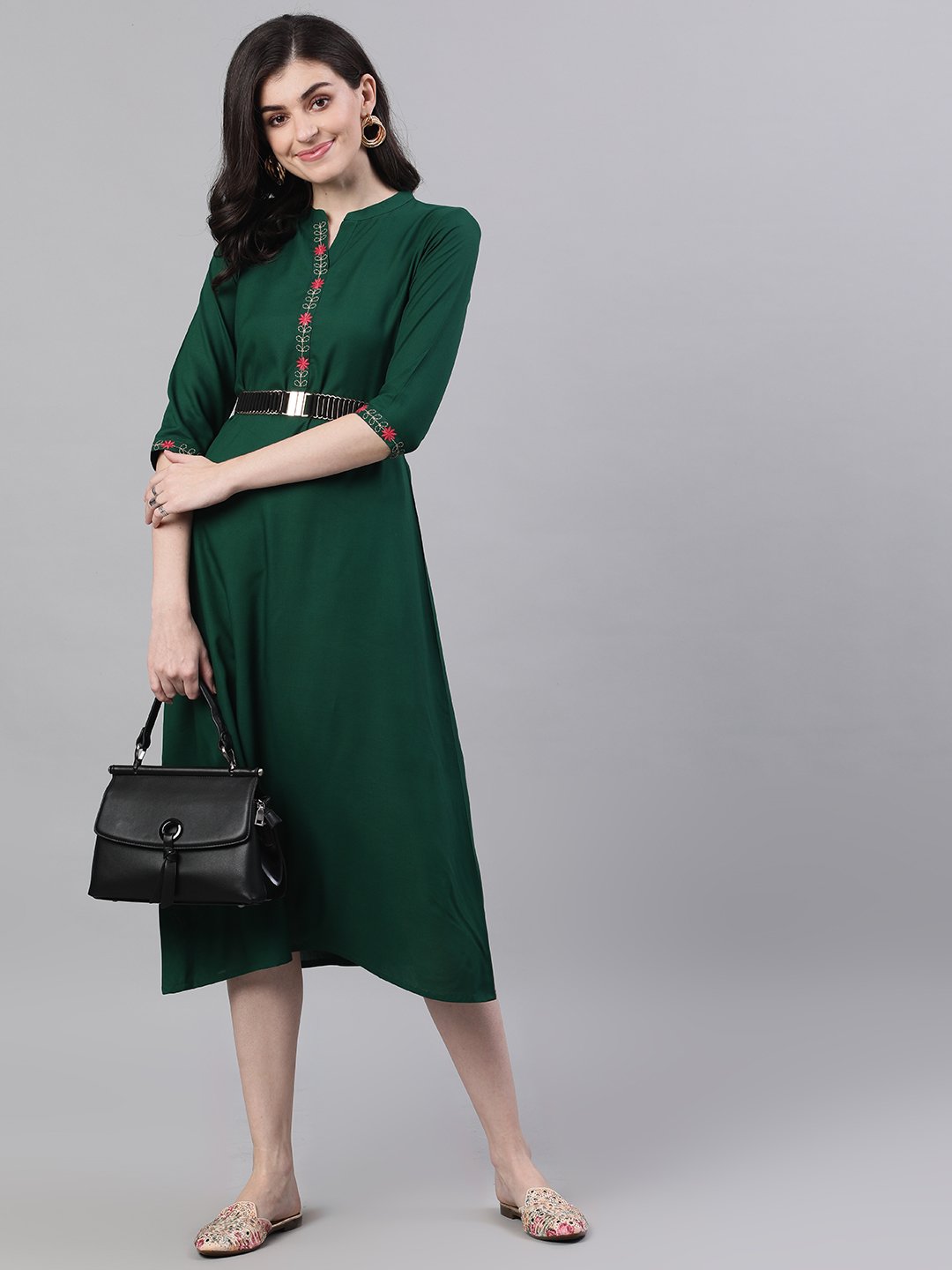 Women Green Solid Solid Mandarin Collar Viscose Rayon A-Line Dress | LASVINI - Redefining Indian Fashion with Elegance