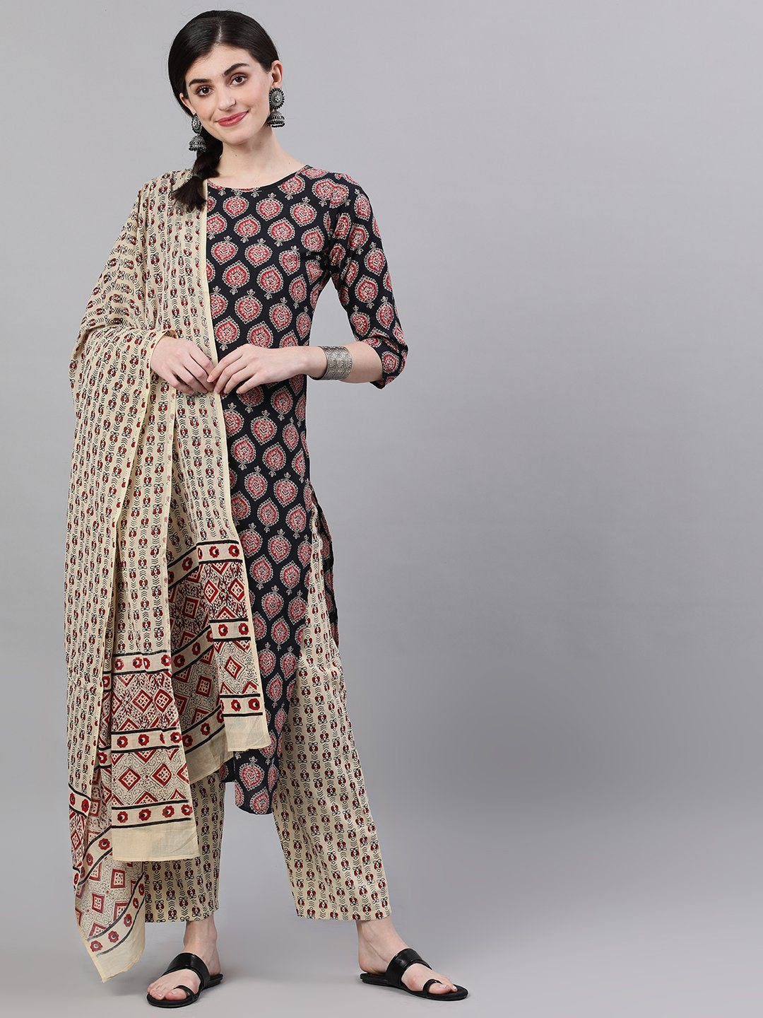 Women Black Three-Quarter Sleeves Straight Kurta Palazzo With Dupatta | LASVINI - Redefining Indian Fashion with Elegance