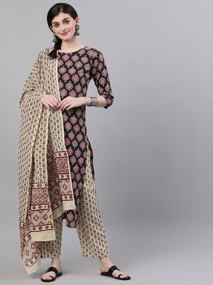 Women Black Three-Quarter Sleeves Straight Kurta Palazzo With Dupatta | LASVINI - Redefining Indian Fashion with Elegance