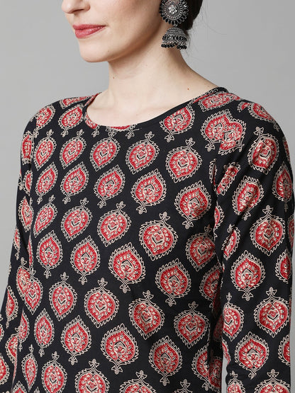 Women Black Three-Quarter Sleeves Straight Kurta Palazzo With Dupatta | LASVINI - Redefining Indian Fashion with Elegance