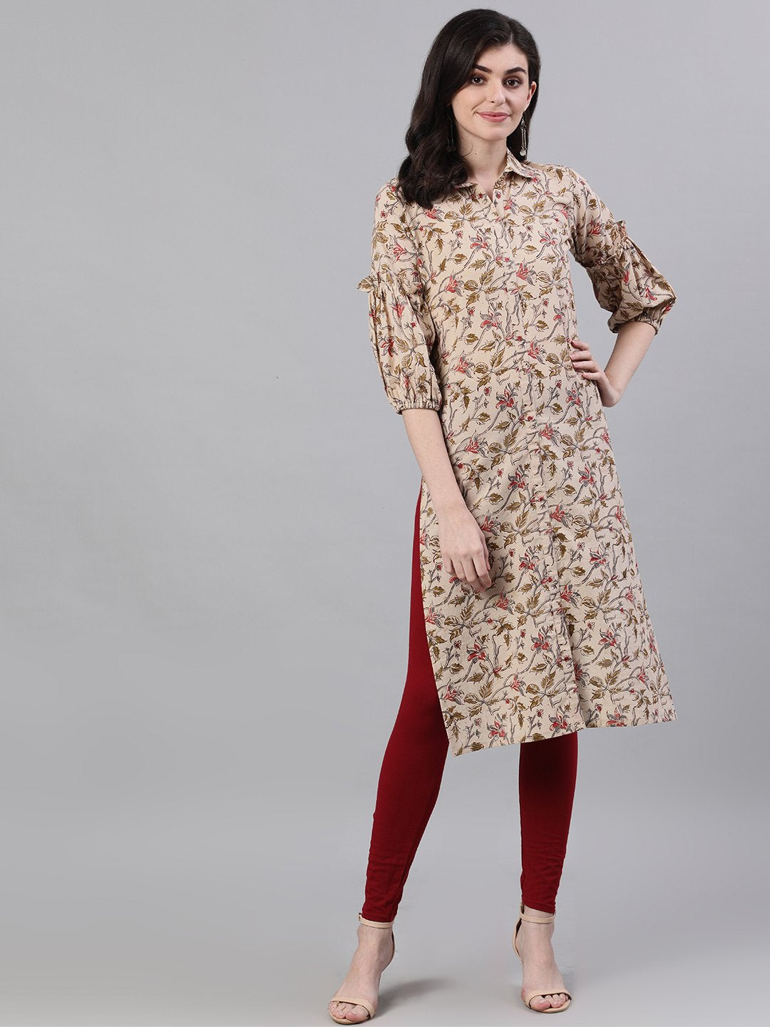 Women Beige Calf Length Three-Quarter Sleeves Straight Floral Printed Cotton Kurta | LASVINI - Redefining Indian Fashion with Elegance