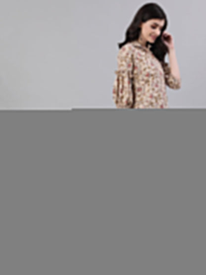 Women Beige Calf Length Three-Quarter Sleeves Straight Floral Printed Cotton Kurta | LASVINI - Redefining Indian Fashion with Elegance