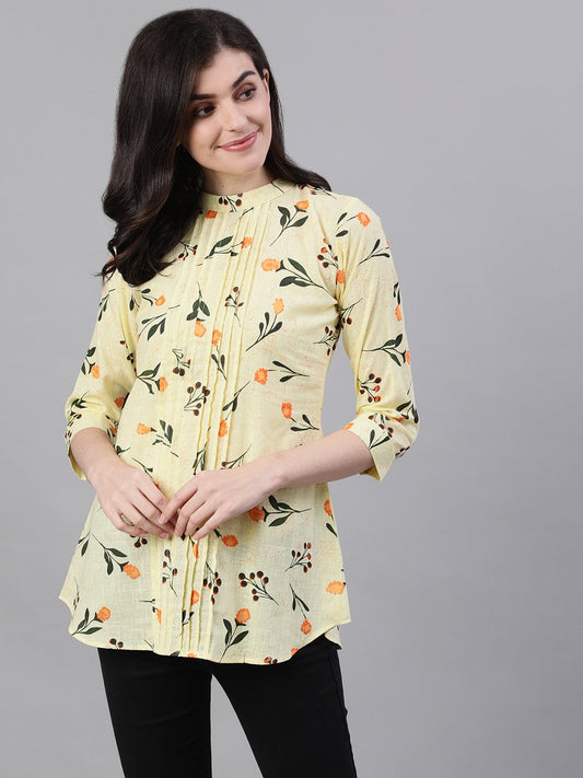 Women Yellow Floral Print Pin-Tuck Tunic | LASVINI - Redefining Indian Fashion with Elegance