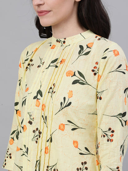 Women Yellow Floral Print Pin-Tuck Tunic | LASVINI - Redefining Indian Fashion with Elegance