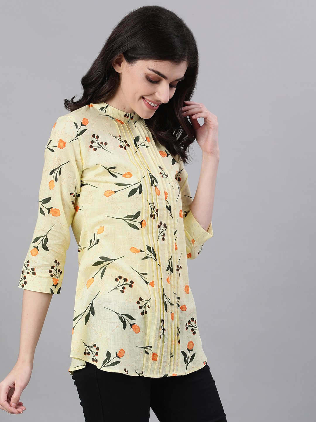 Women Yellow Floral Print Pin-Tuck Tunic | LASVINI - Redefining Indian Fashion with Elegance