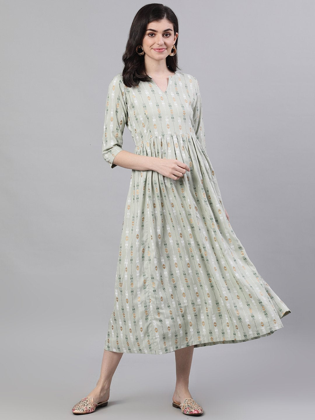Women Sage Green Geometric Printed V-Neck Viscose Rayon Fit And Flare Dress | LASVINI - Redefining Indian Fashion with Elegance