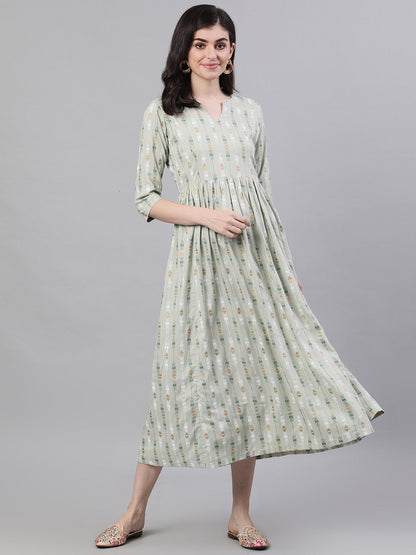 Women Sage Green Geometric Printed V-Neck Viscose Rayon Fit And Flare Dress | LASVINI - Redefining Indian Fashion with Elegance