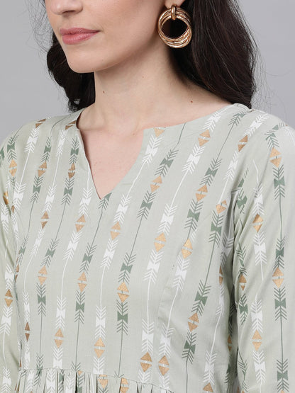 Women Sage Green Geometric Printed V-Neck Viscose Rayon Fit And Flare Dress | LASVINI - Redefining Indian Fashion with Elegance
